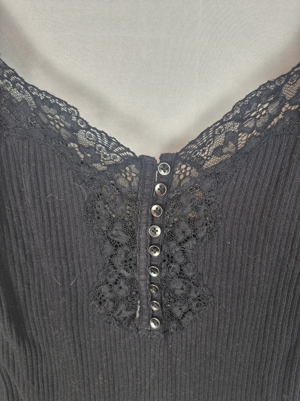 Free People Black Ribbed Lace-Trim Long Sleeve Top - Picture 2 of 6